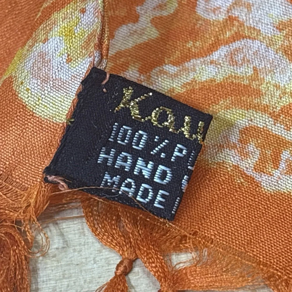 Vintage Kausik 100% Silk Scarf Hand Woven India Orange Paisley Tassel Wrap